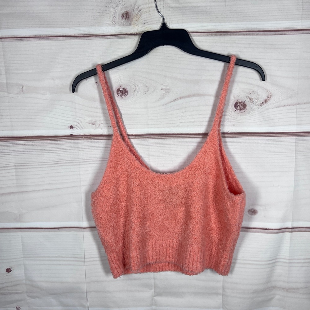 Le ORE Cami Tank Women 1X Coral Simba Fuzzy Knit Wool Blend Cropped Scoop Neck